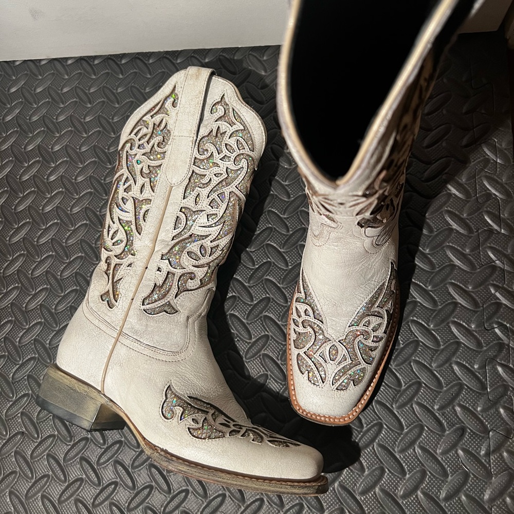 RARE J.B. Dillon Cowgirl Boots White Sparkle size 5.5 Girls - Picture 3 of 12